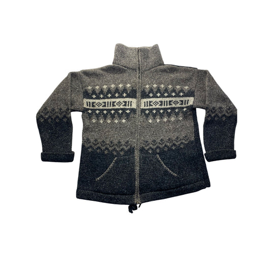 Vintage Handcrafted Wool & Cotton Sweater Zip up  With Nordic Pattern #7072