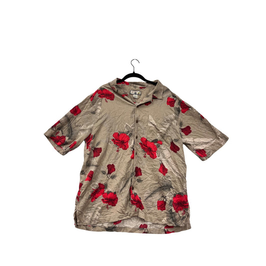 Mens Caribbean Joe Silk XXL Beige Button-Up Shirt With Red Floral Print #6589