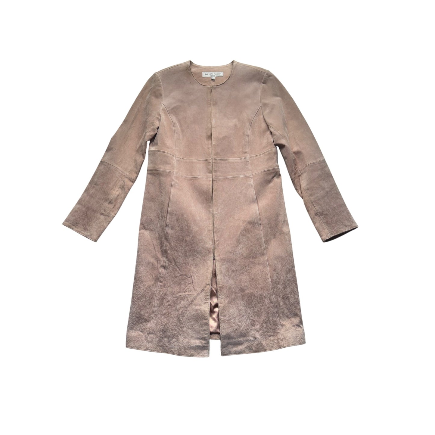 Pamela McCoy Taupe Suede Long Coat With Satin Lining & Hidden Hook Closure #7809