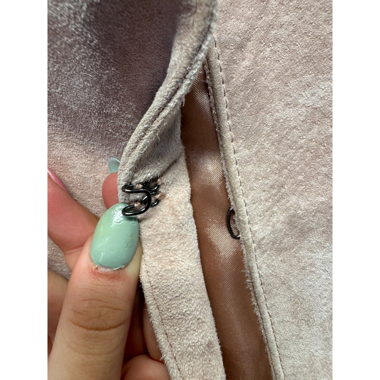 Pamela McCoy Taupe Suede Long Coat With Satin Lining & Hidden Hook Closure #7809