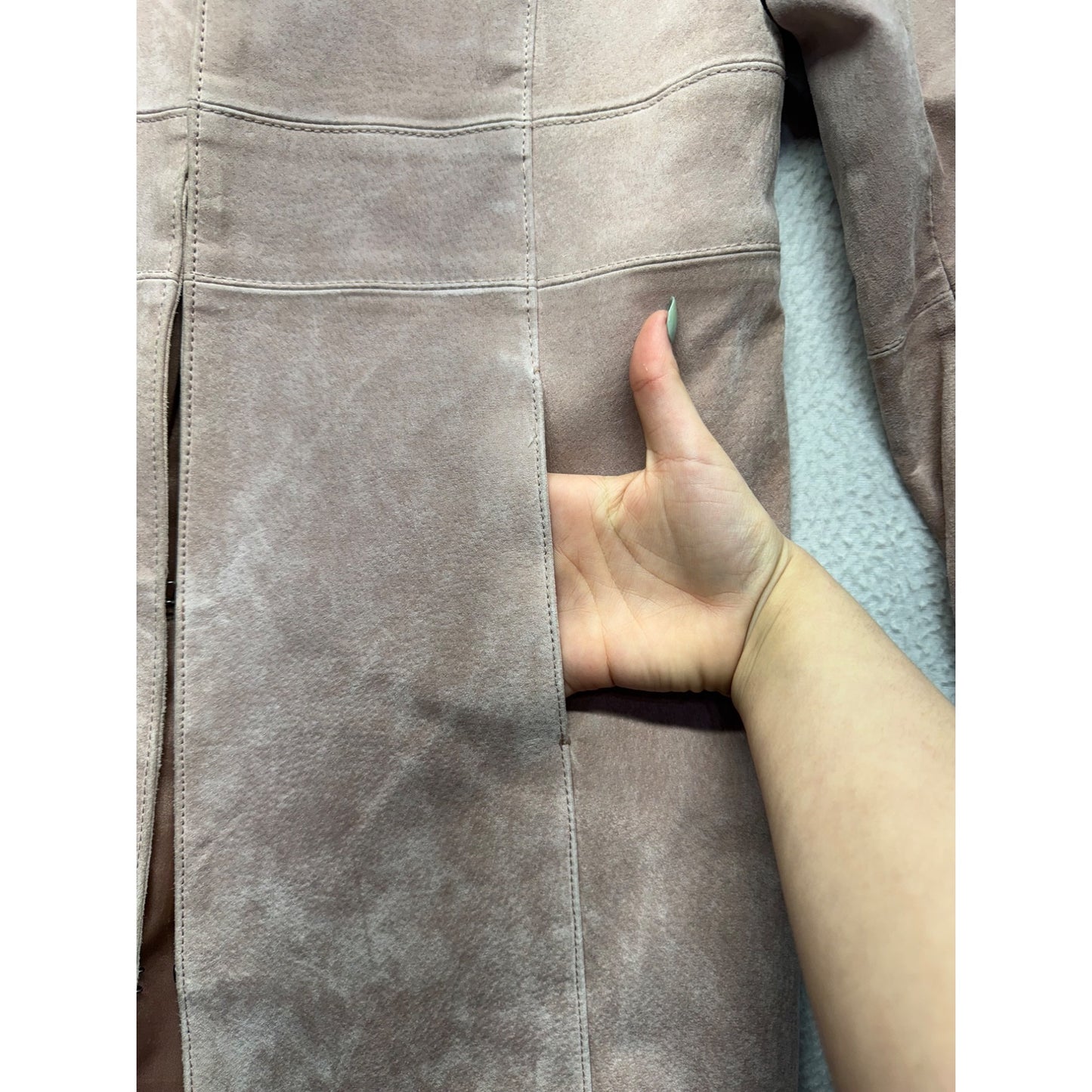 Pamela McCoy Taupe Suede Long Coat With Satin Lining & Hidden Hook Closure #7809