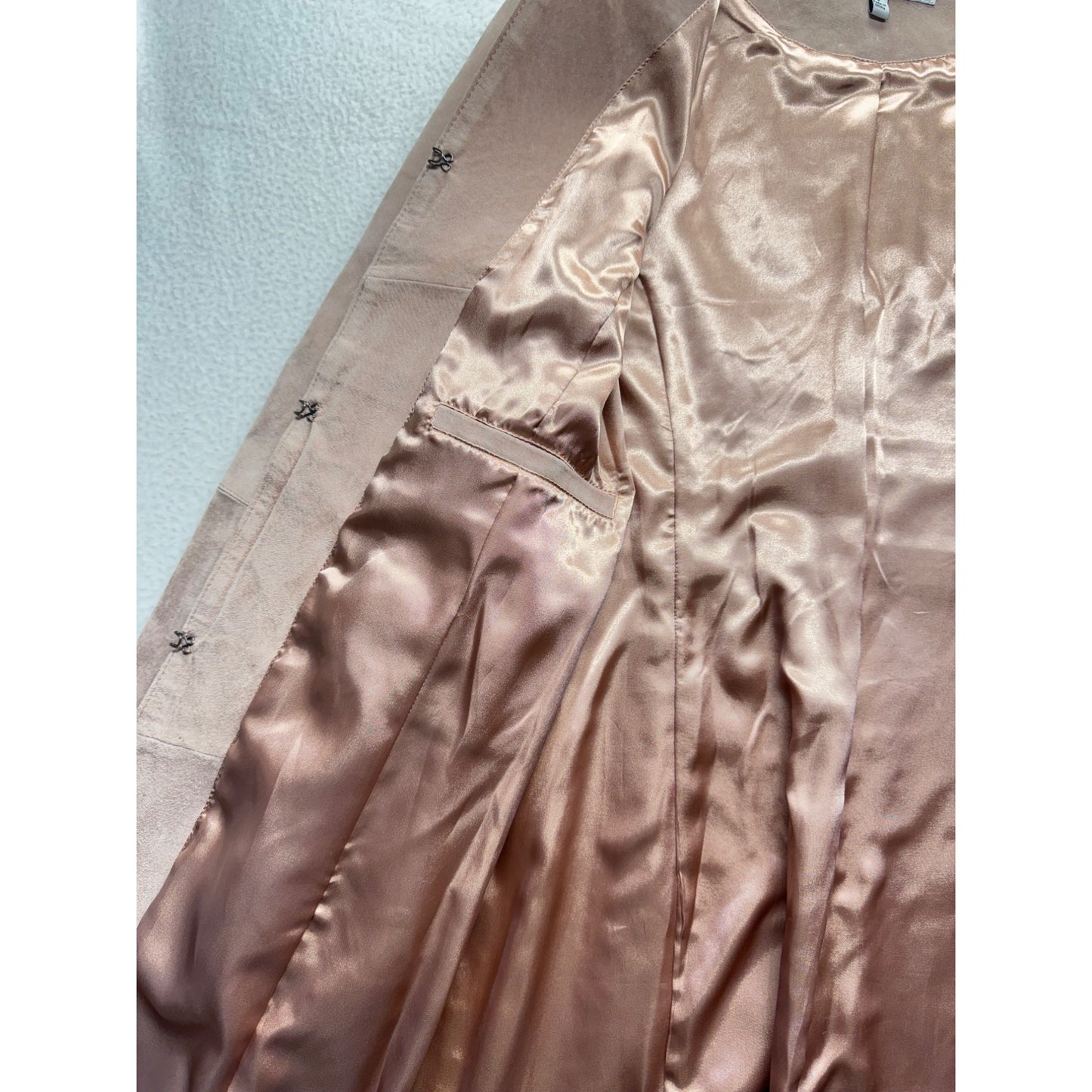 Pamela McCoy Taupe Suede Long Coat With Satin Lining & Hidden Hook Closure #7809