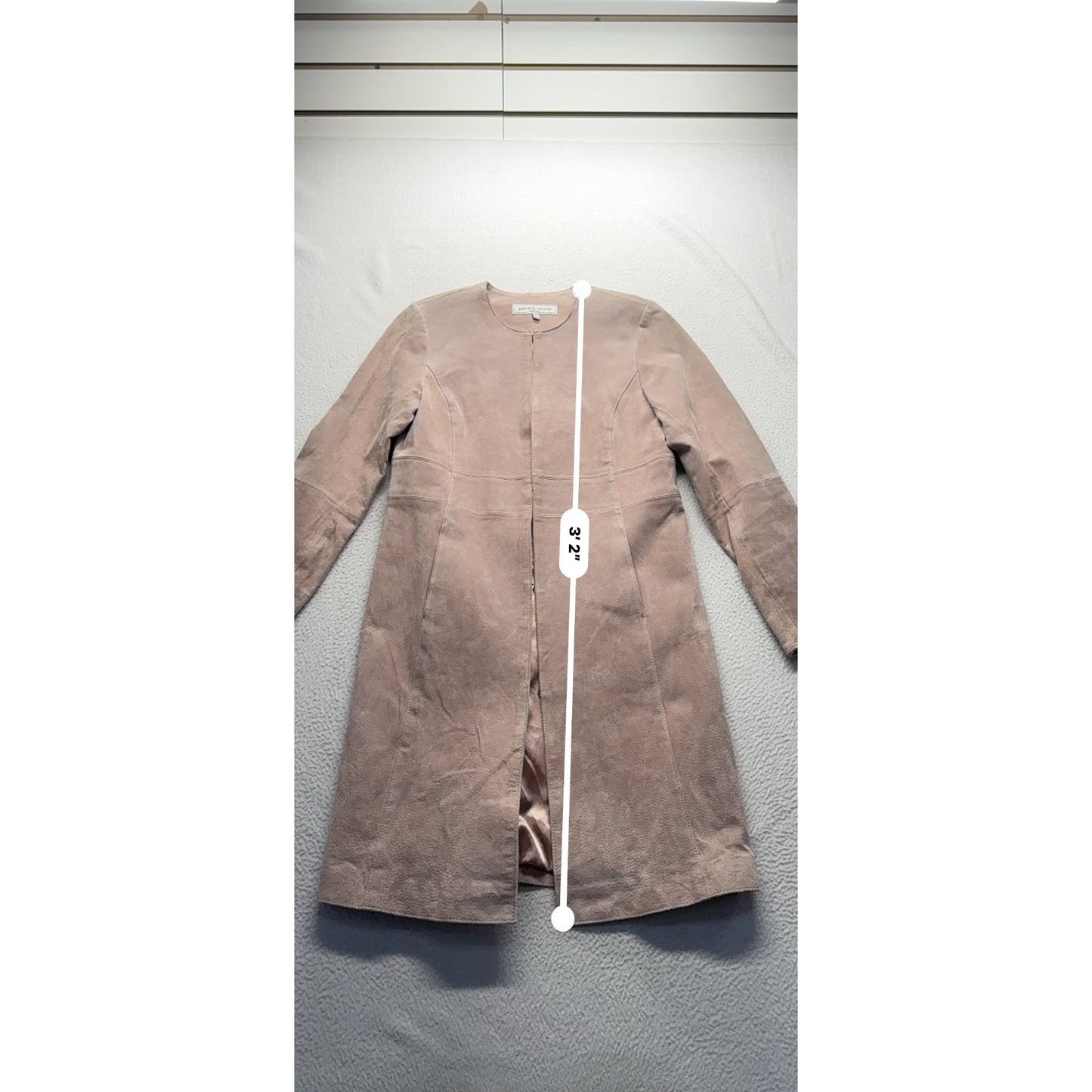Pamela McCoy Taupe Suede Long Coat With Satin Lining & Hidden Hook Closure #7809