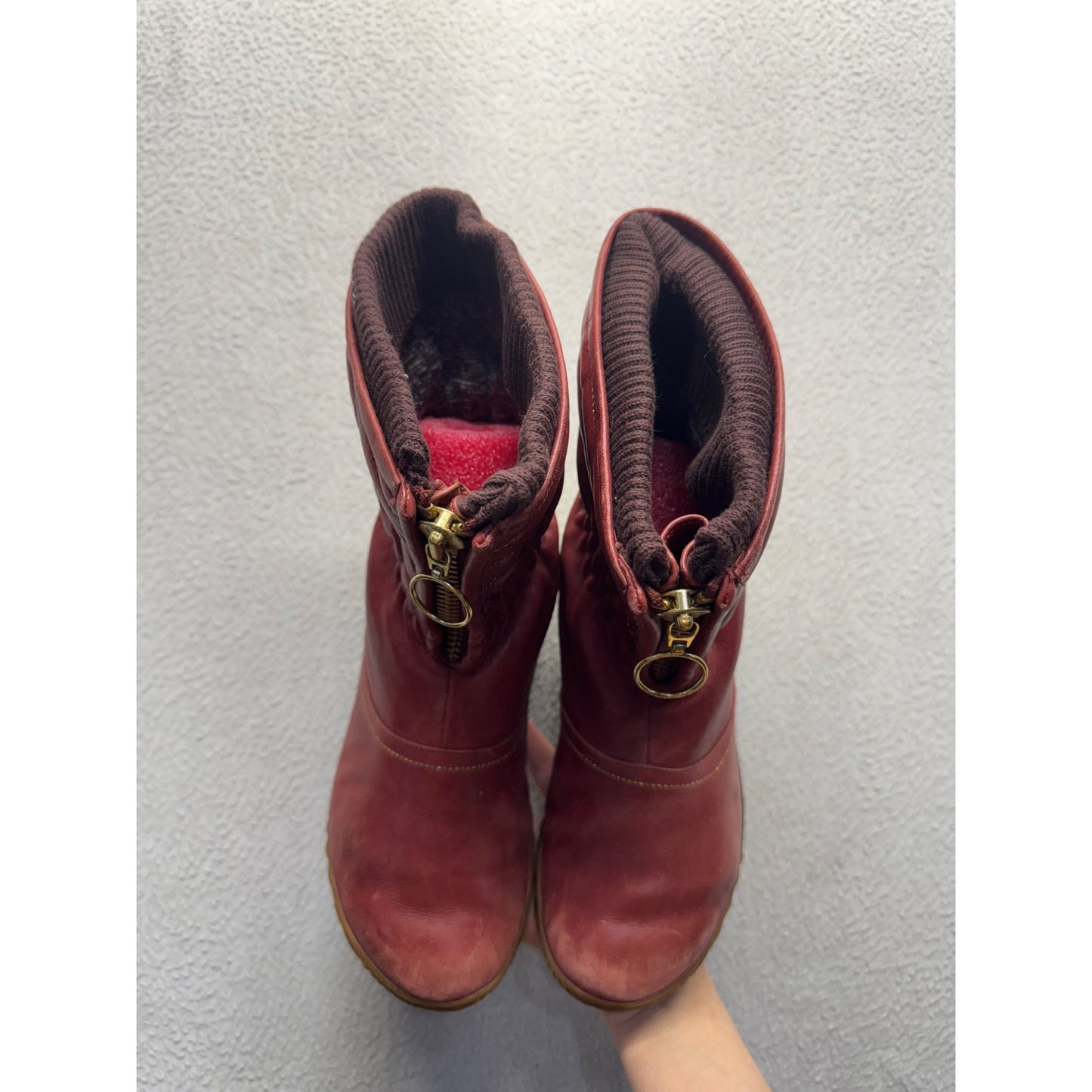 Sorel Vintage Red Leather Quilted Ankle Boots With Zip Closure Non-Slip #9629