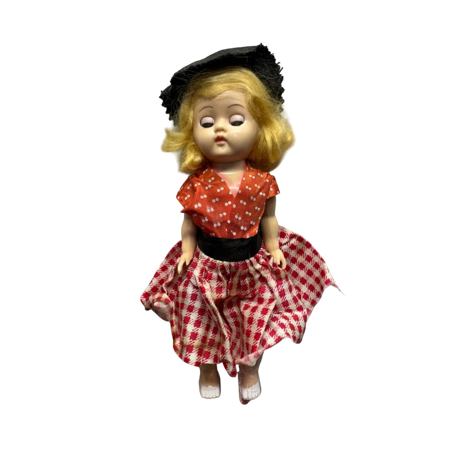 Vintage 7.5" Blonde Doll In Red/White Plaid Skirt & Orange Polka Dot #421B