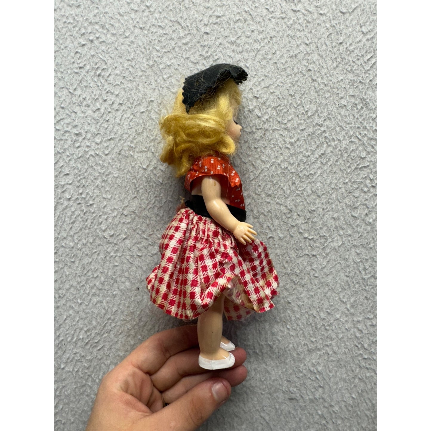 Vintage 7.5" Blonde Doll In Red/White Plaid Skirt & Orange Polka Dot #421B