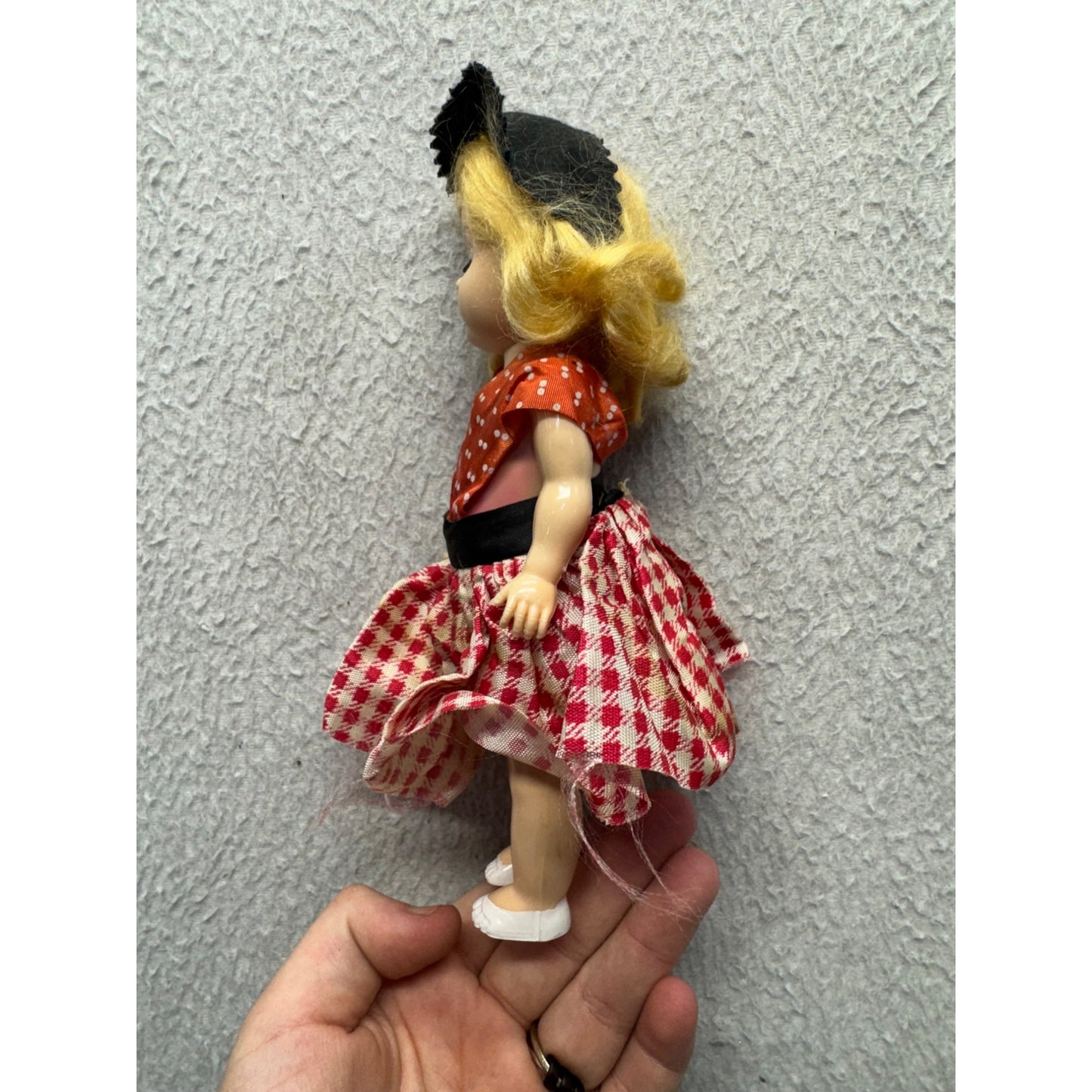 Vintage 7.5" Blonde Doll In Red/White Plaid Skirt & Orange Polka Dot #421B