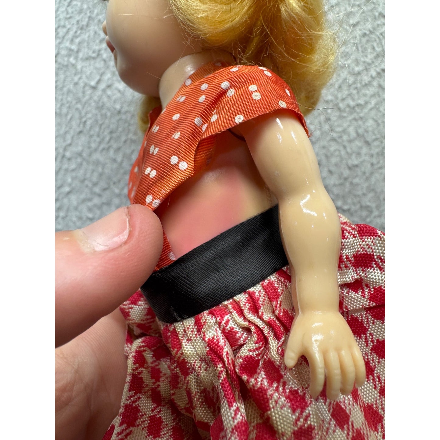 Vintage 7.5" Blonde Doll In Red/White Plaid Skirt & Orange Polka Dot #421B