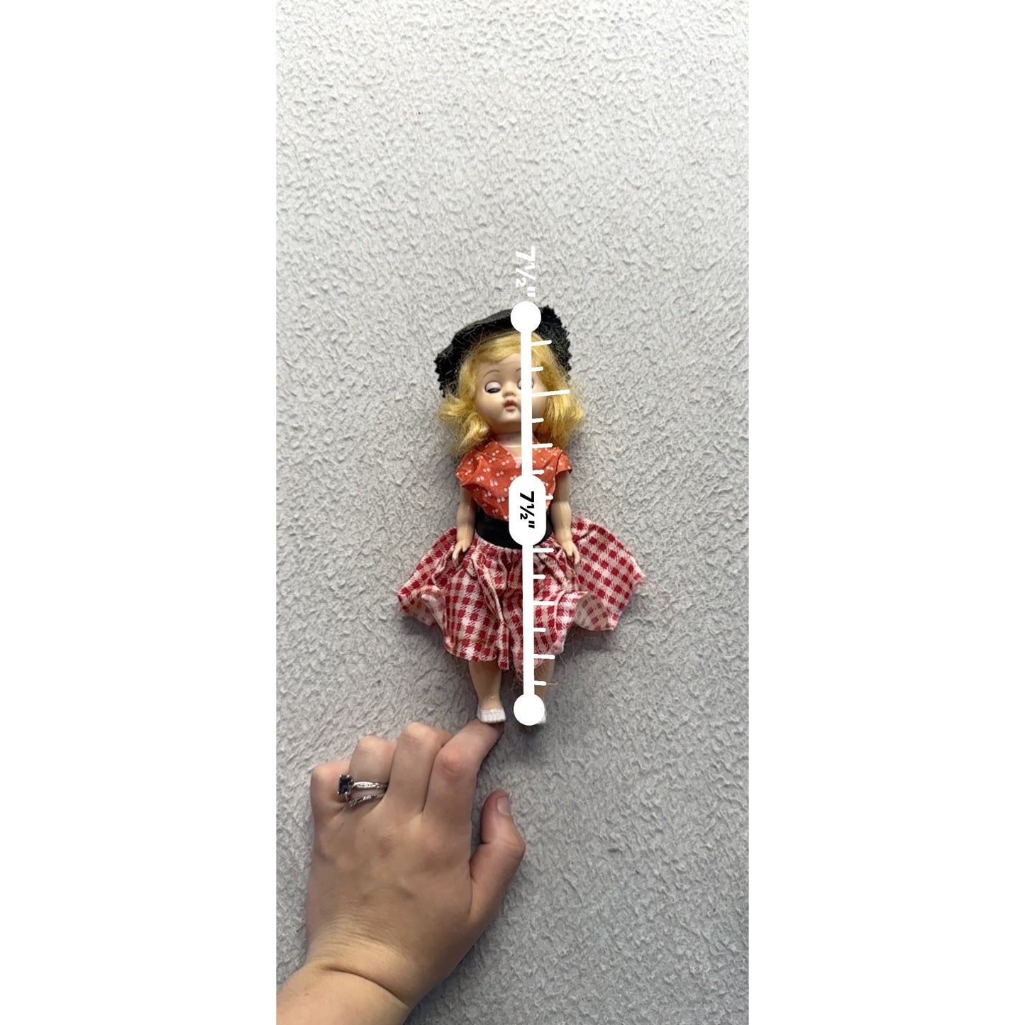 Vintage 7.5" Blonde Doll In Red/White Plaid Skirt & Orange Polka Dot #421B