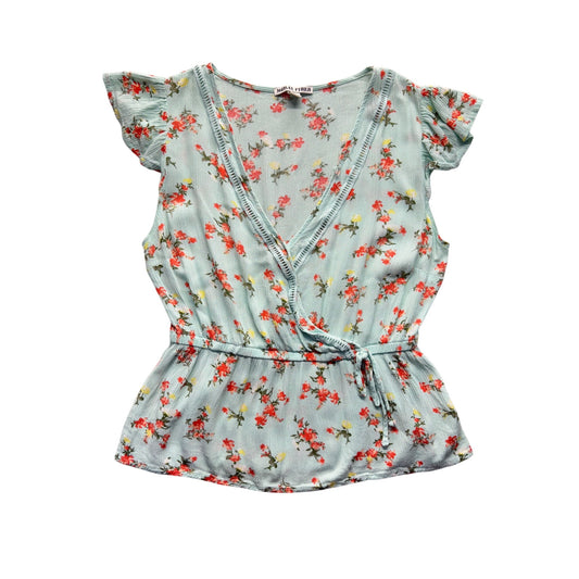 Floral Wrap Style Peplum Blouse Mint Green Rayon Moral Fiber Top #58B