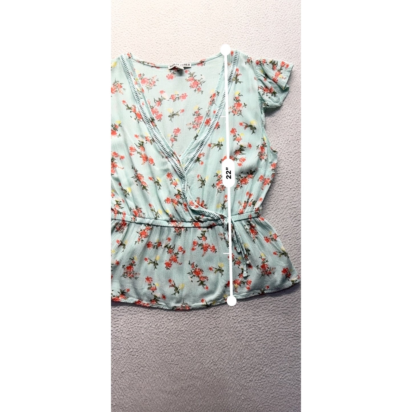 Floral Wrap Style Peplum Blouse Mint Green Rayon Moral Fiber Top #58B