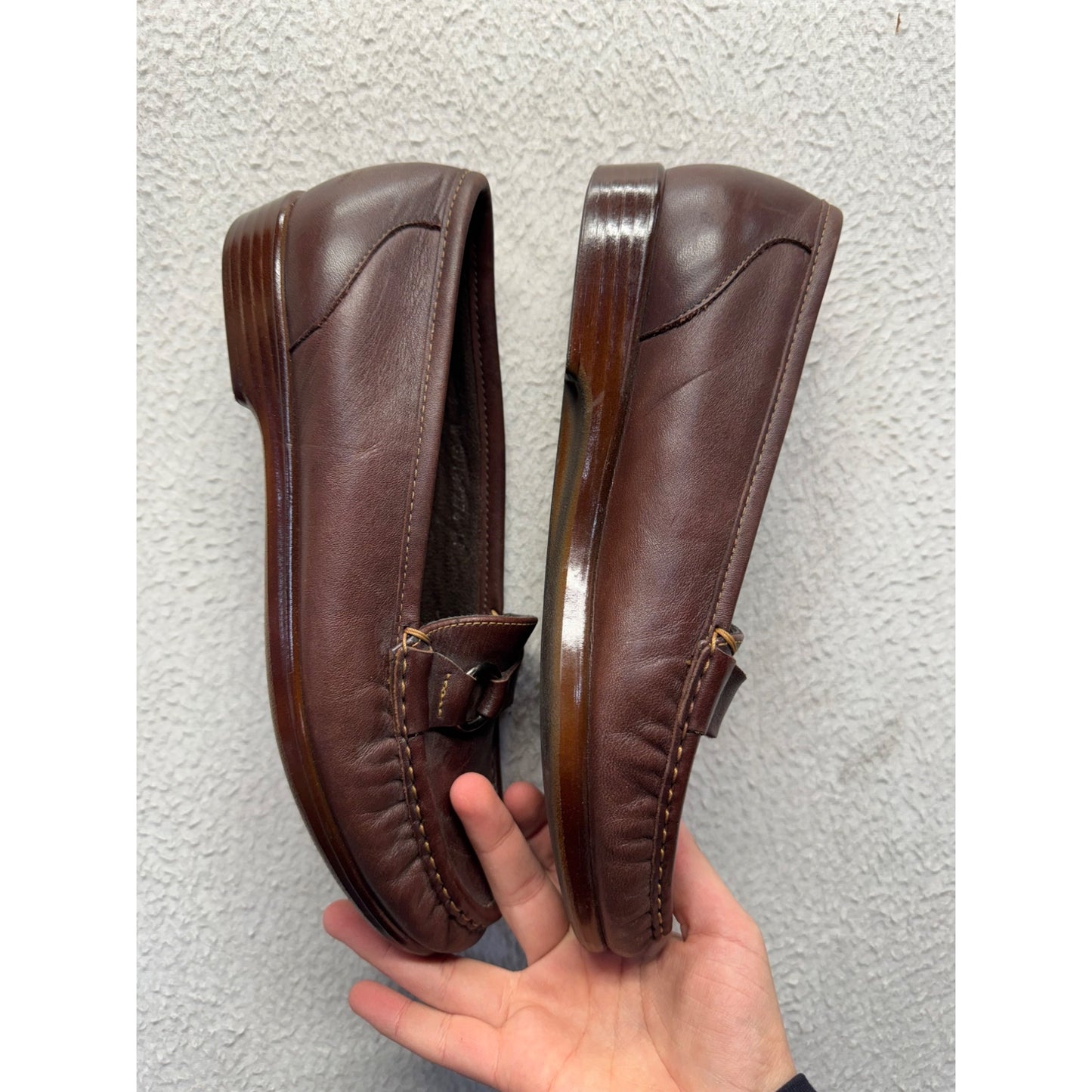 Brown Leather Slip-On Loafers With Buckle Accent By SAS Size 8.5M #9411