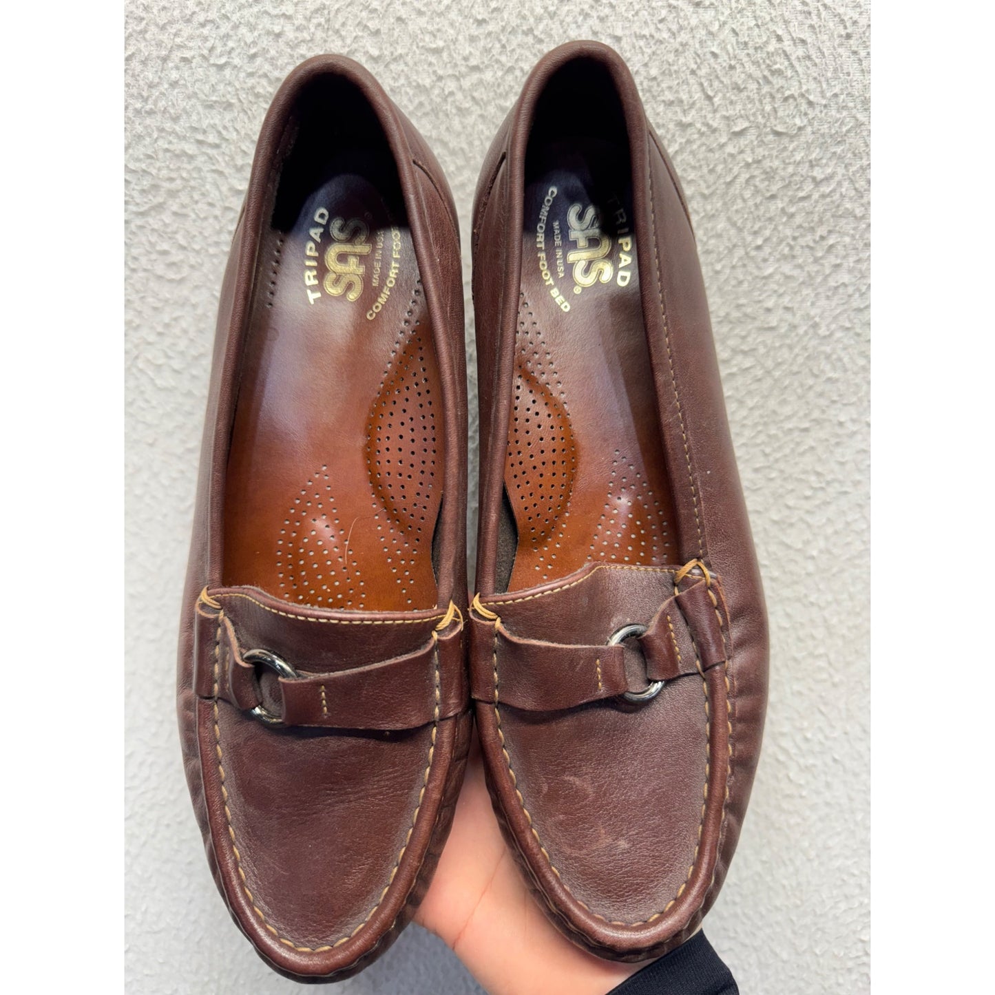 Brown Leather Slip-On Loafers With Buckle Accent By SAS Size 8.5M #9411