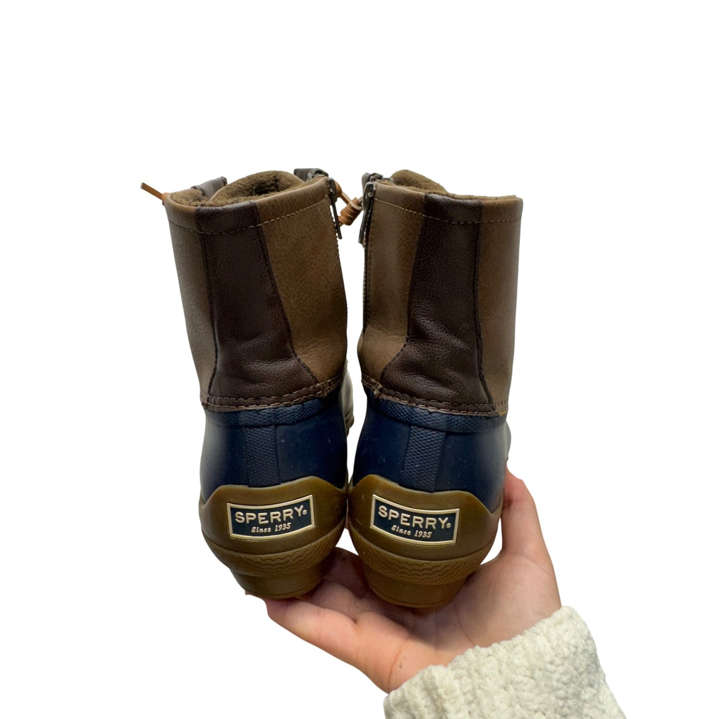 Sperry Brown & Navy Duck Boots With Side Zipper & Lace-Up Design #9838