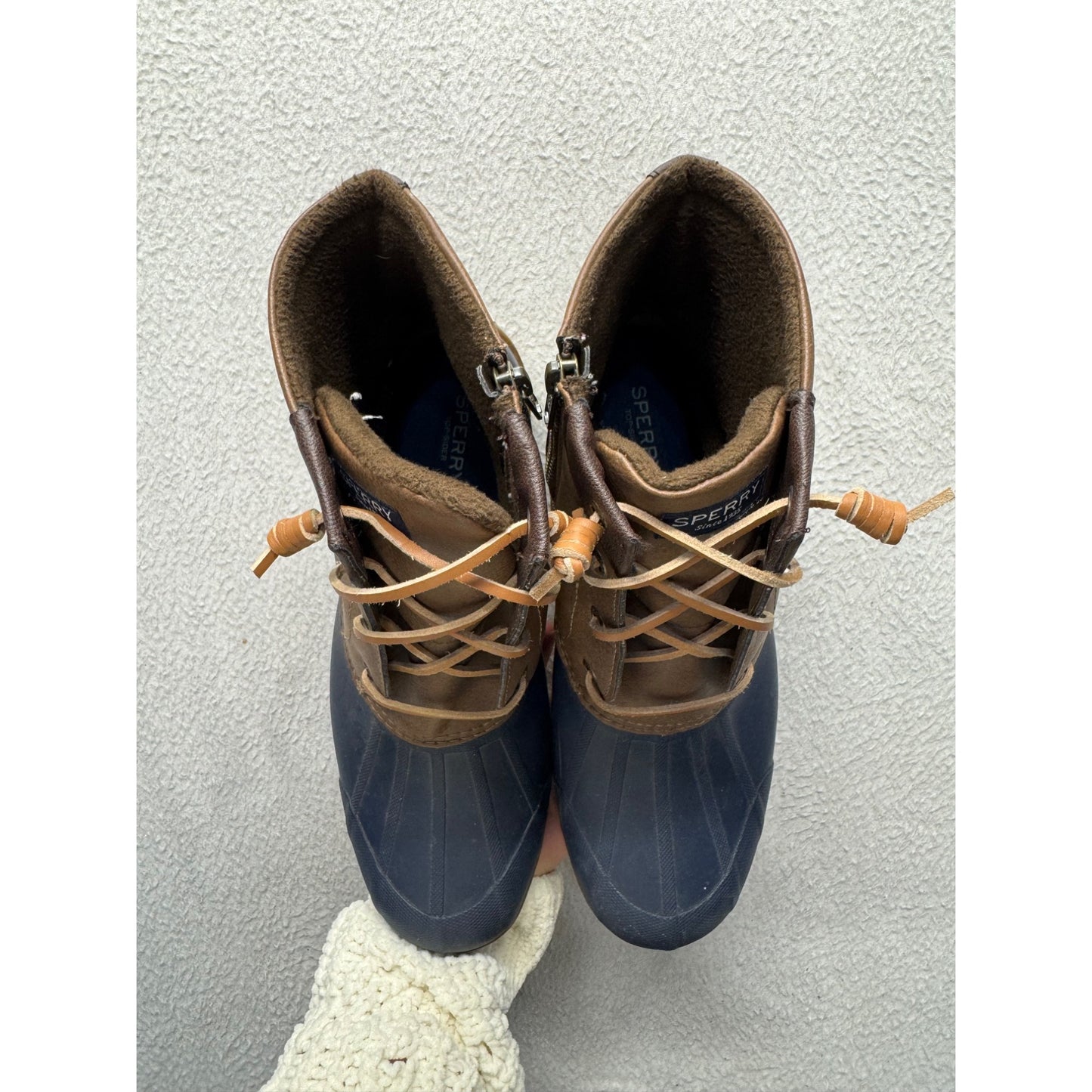 Sperry Brown & Navy Duck Boots With Side Zipper & Lace-Up Design #9838
