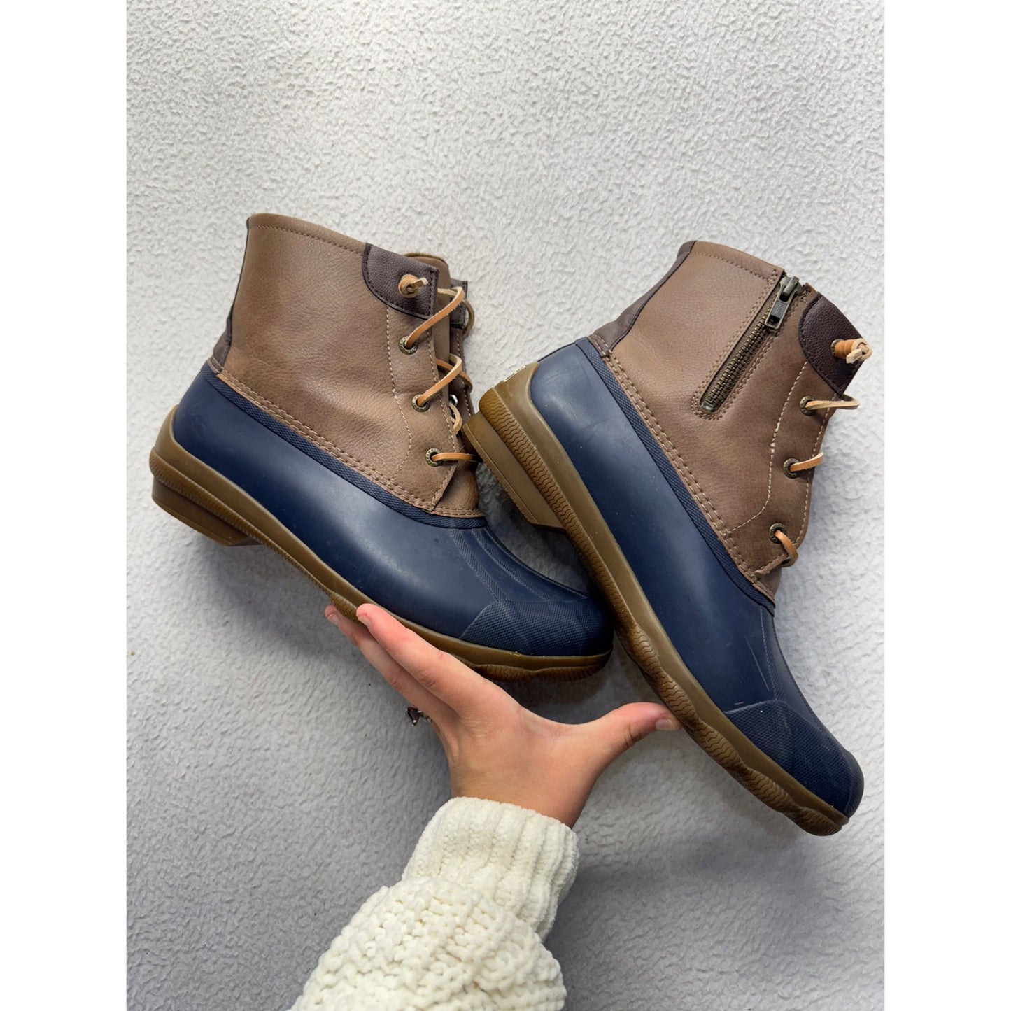 Sperry Brown & Navy Duck Boots With Side Zipper & Lace-Up Design #9838