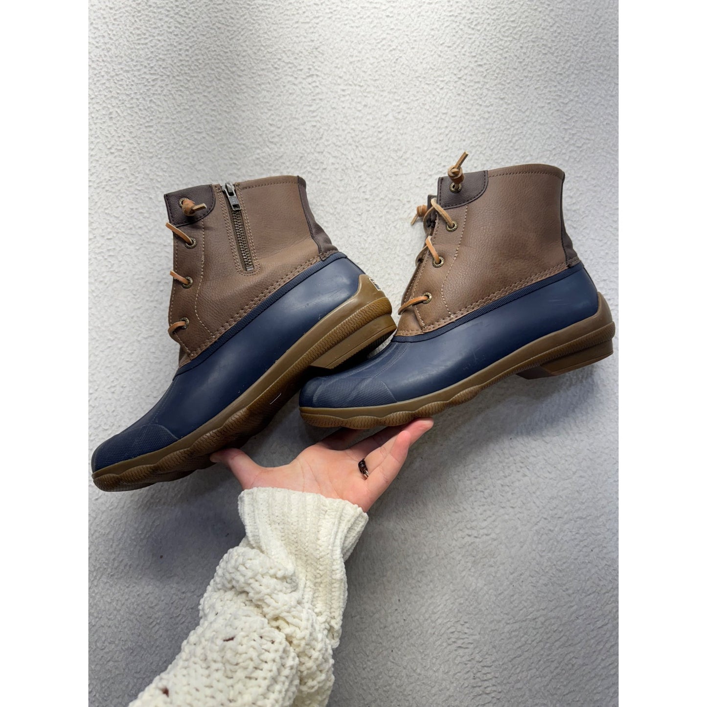 Sperry Brown & Navy Duck Boots With Side Zipper & Lace-Up Design #9838