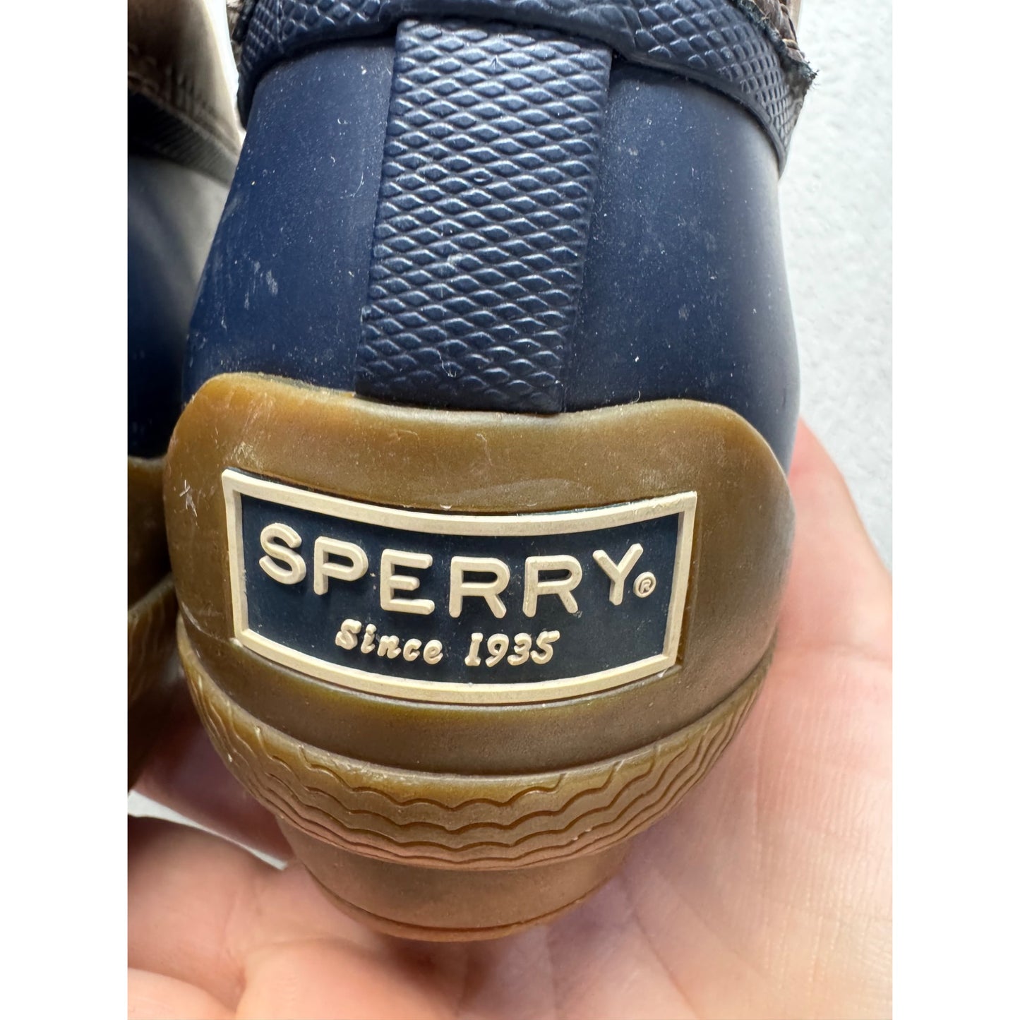 Sperry Brown & Navy Duck Boots With Side Zipper & Lace-Up Design #9838
