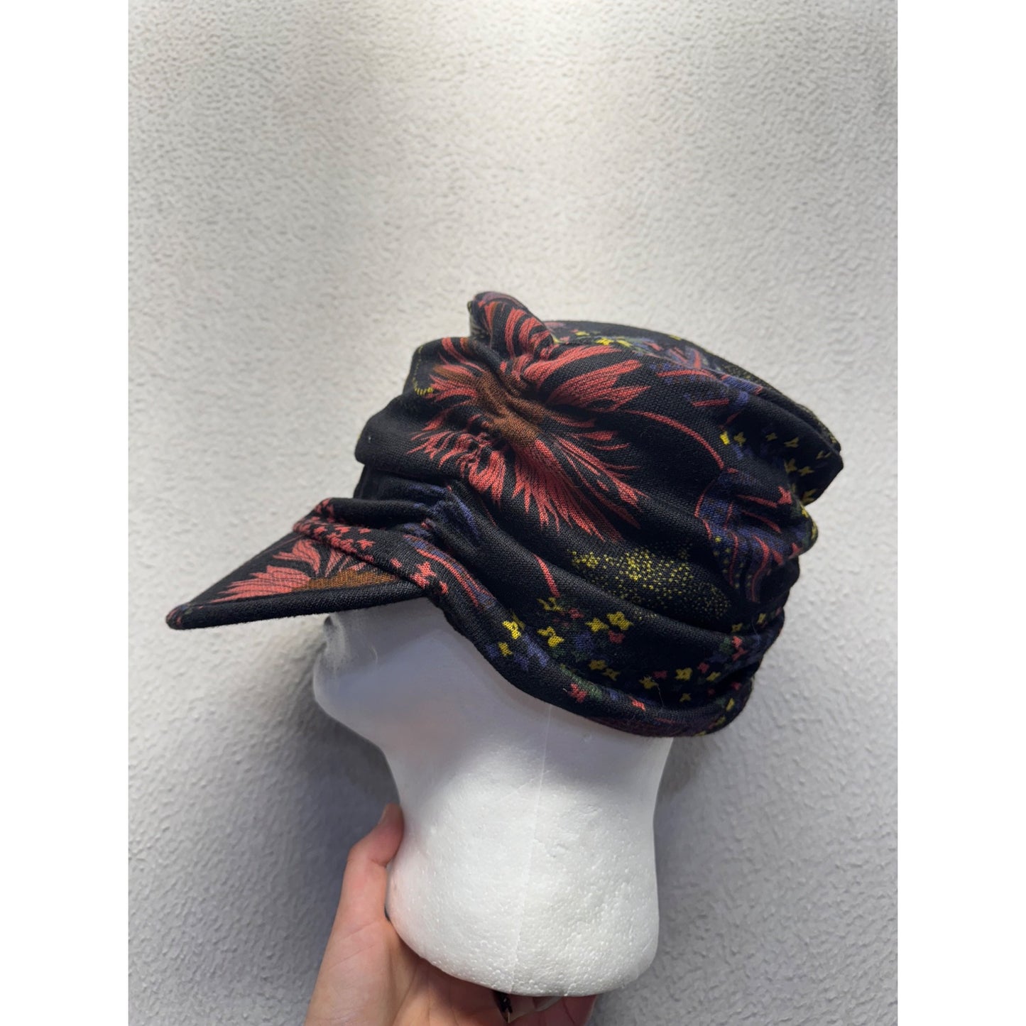 Convertible Black Floral Printed Cap With Neck Cover #9690