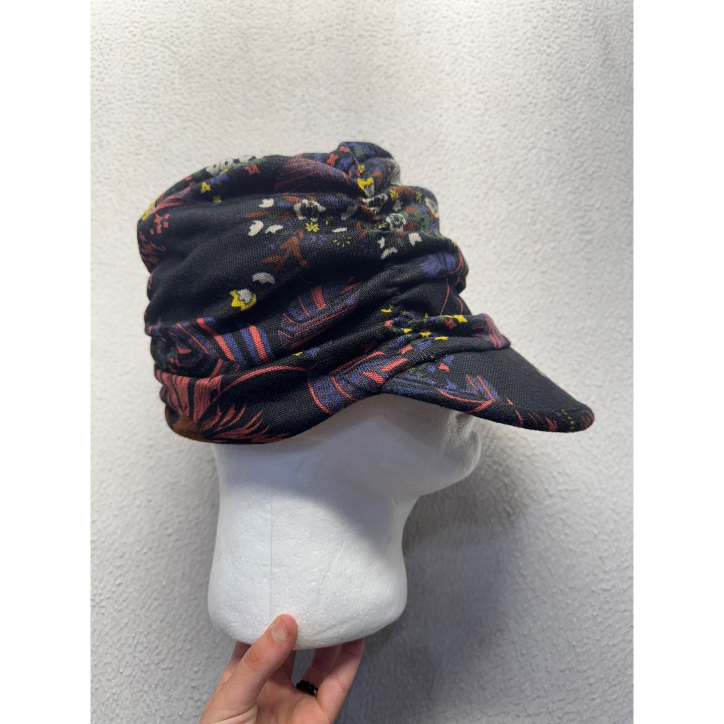 Convertible Black Floral Printed Cap With Neck Cover #9690