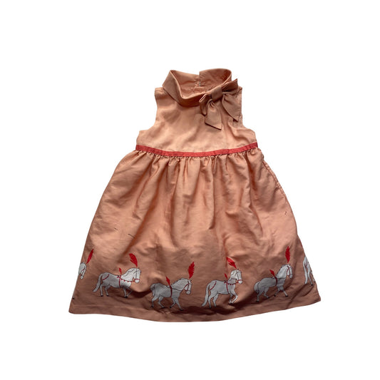 Janie & Jack Peach Horse Print Toddler Dress 18-24M With Bow Collar & Tulle Lining #7366