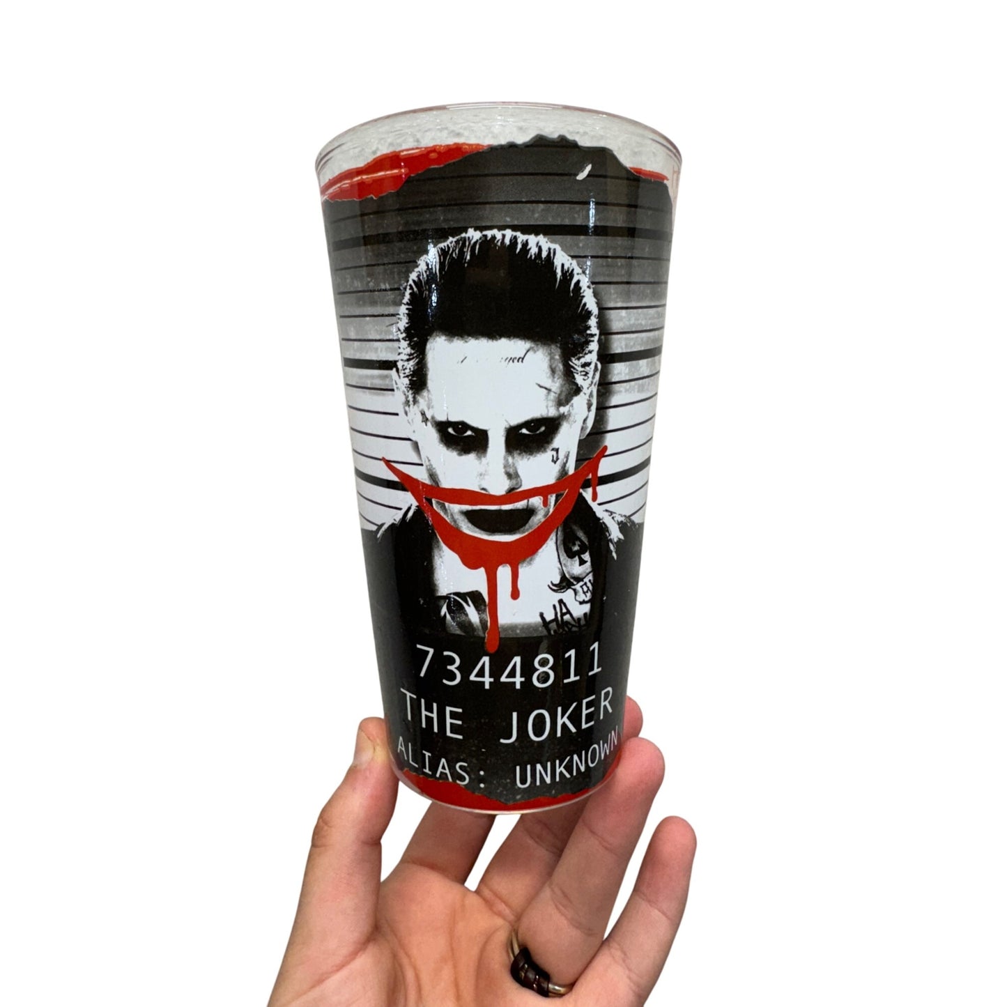 Suicide Squad Joker 16 Oz Glass Tumbler Red & Black Laughing Design #117B