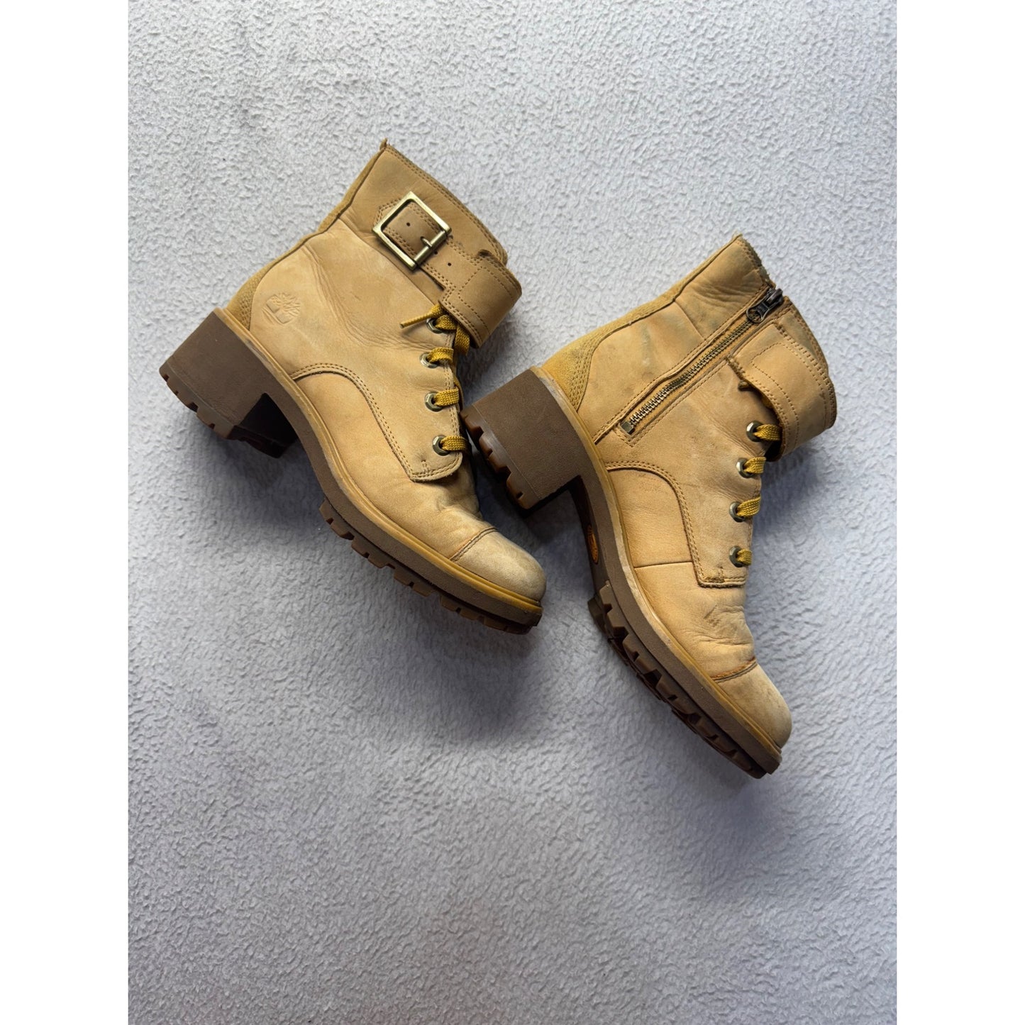 Timberland Tan Leather Lace-Up Ankle Boots With Buckle & Zipper Size 7 #13B