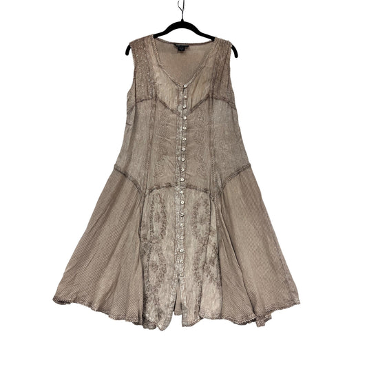 Bohemian Style Beige Button Front Sleeveless Dress M #952A