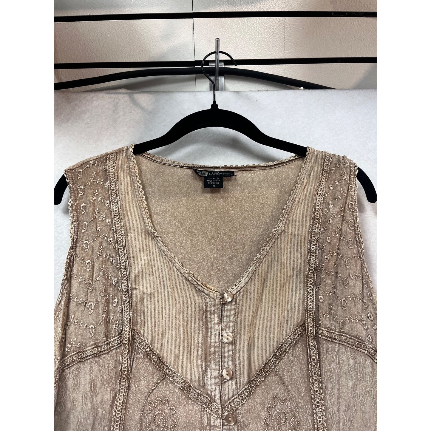 Bohemian Style Beige Button Front Sleeveless Dress M #952A