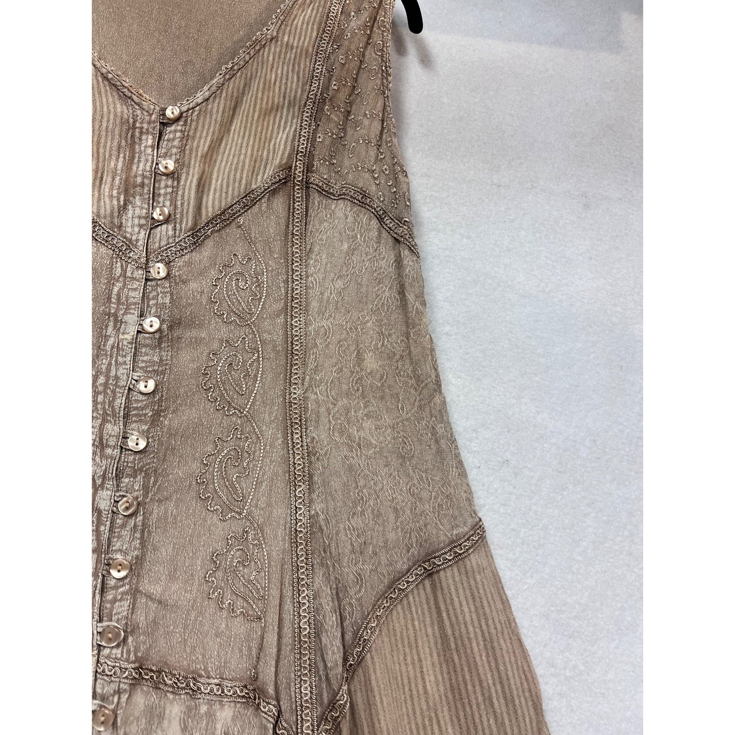 Bohemian Style Beige Button Front Sleeveless Dress M #952A