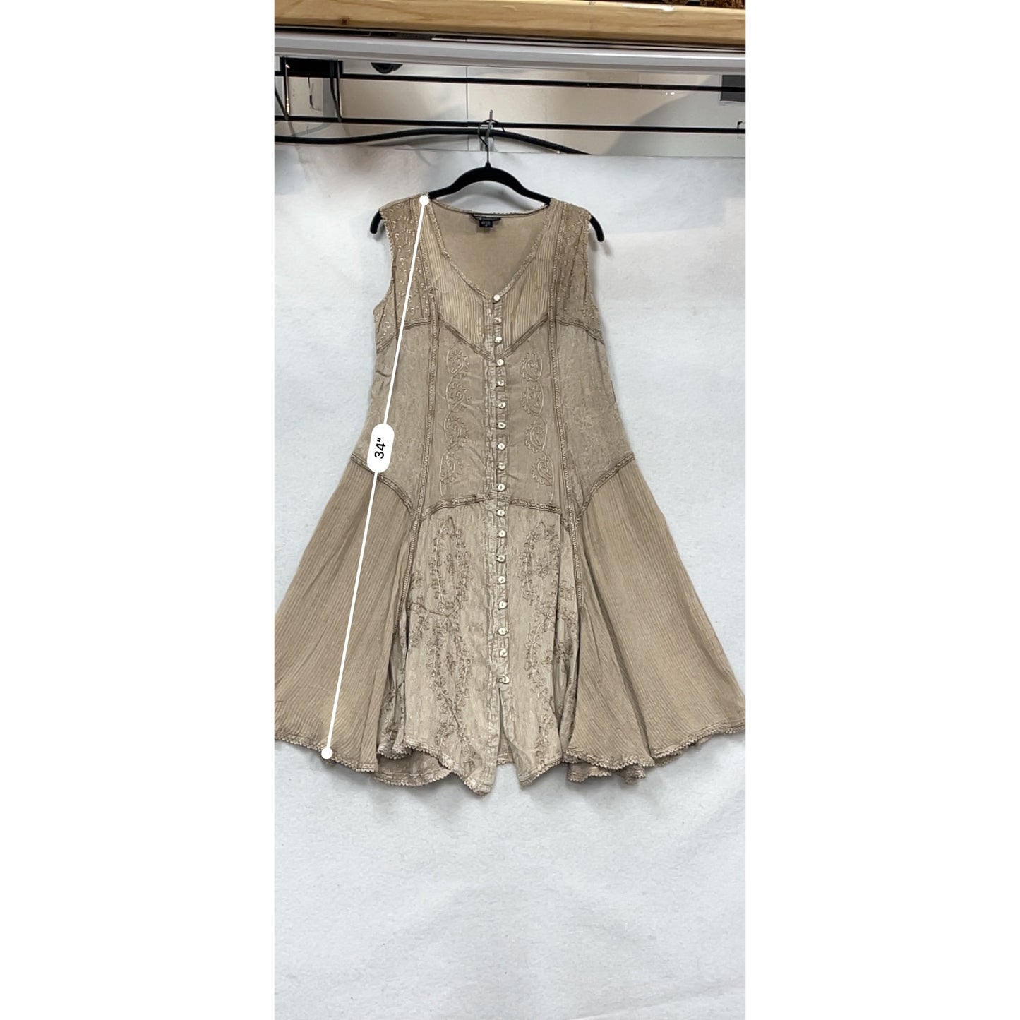 Bohemian Style Beige Button Front Sleeveless Dress M #952A