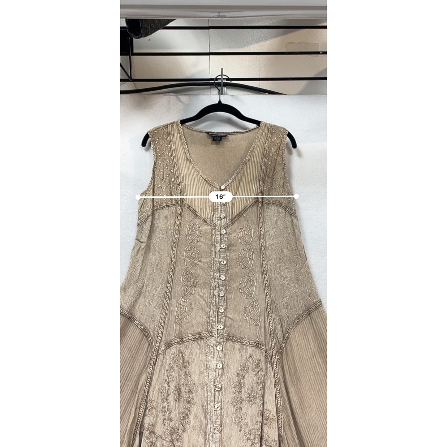 Bohemian Style Beige Button Front Sleeveless Dress M #952A