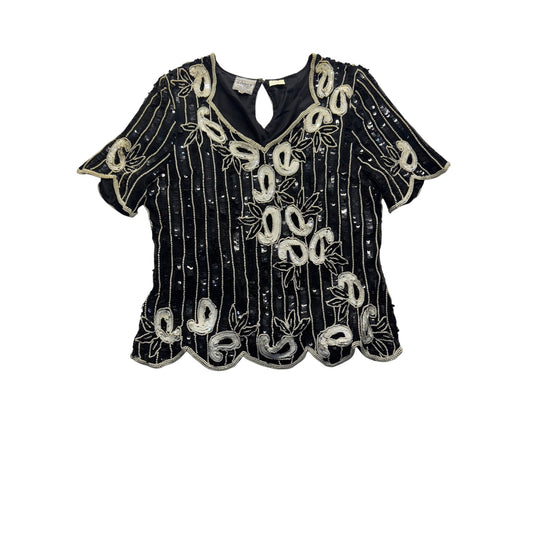 Vintage Stenay Black & Silver Sequin Embroidered Top Silk & Polyester #7961