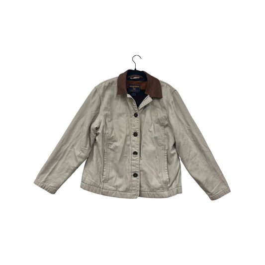 Womens Woolrich Beige Button-Front Jacket With Brown Collar & Striped Lining Size M 4A