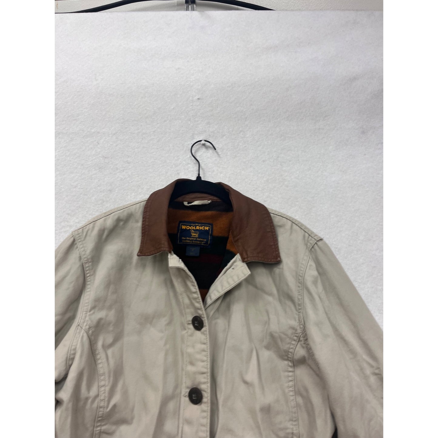 Womens Woolrich Beige Button-Front Jacket With Brown Collar & Striped Lining Size M 4A
