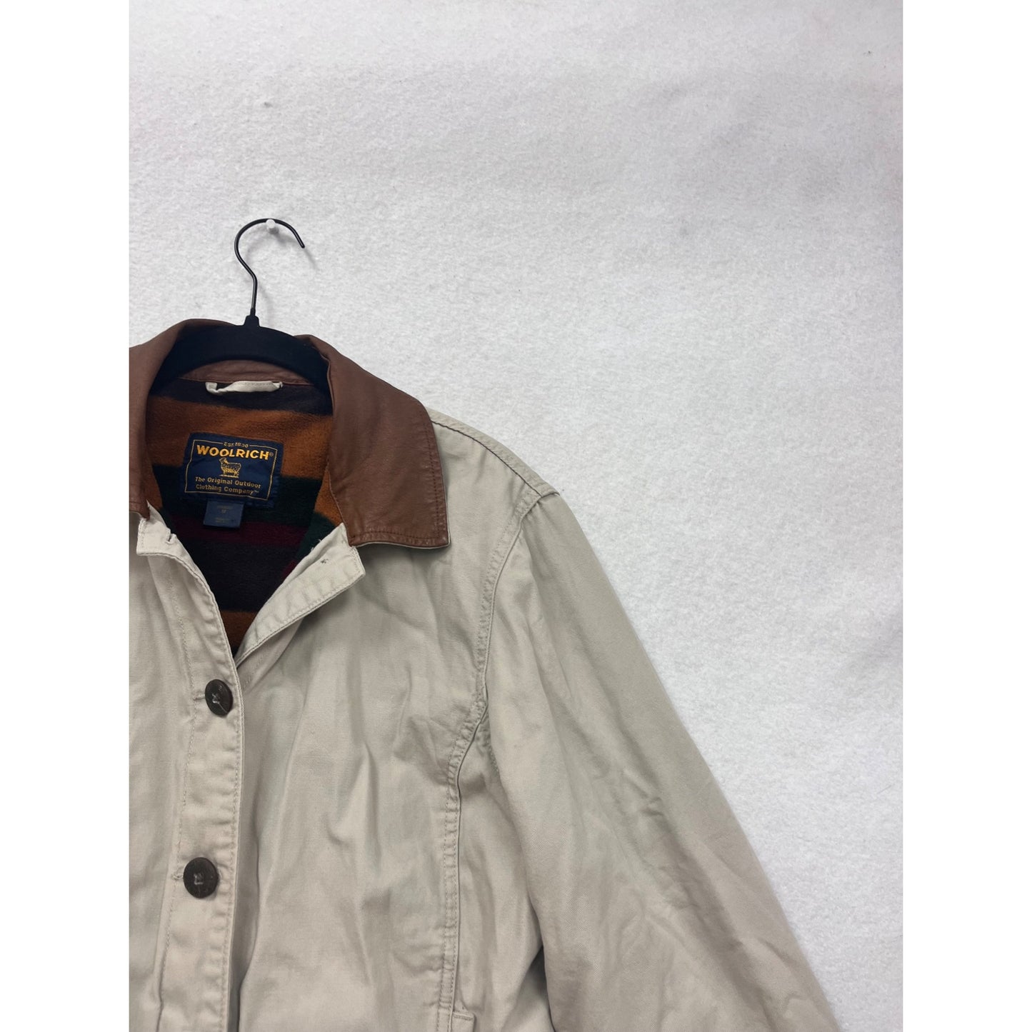 Womens Woolrich Beige Button-Front Jacket With Brown Collar & Striped Lining Size M 4A