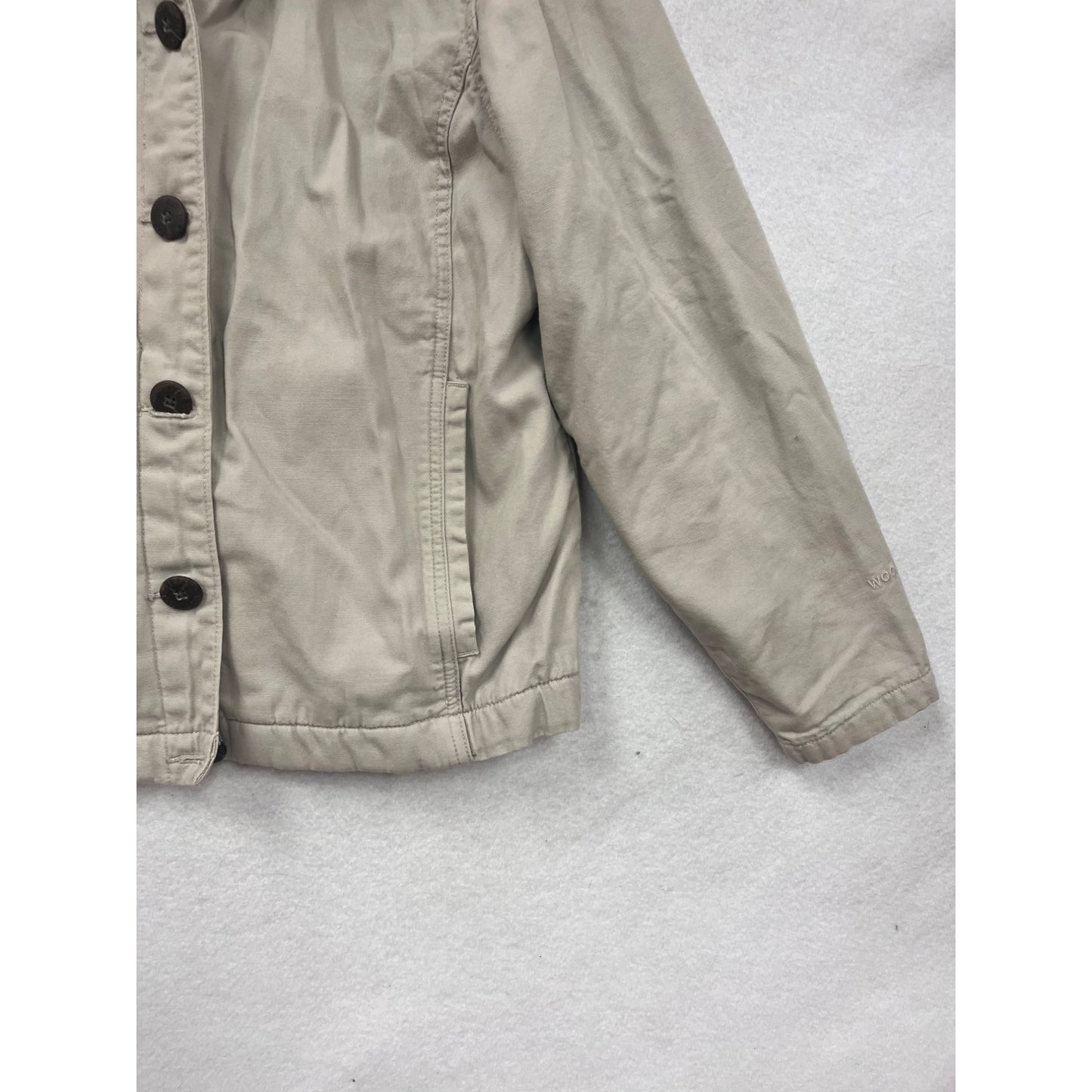 Womens Woolrich Beige Button-Front Jacket With Brown Collar & Striped Lining Size M 4A