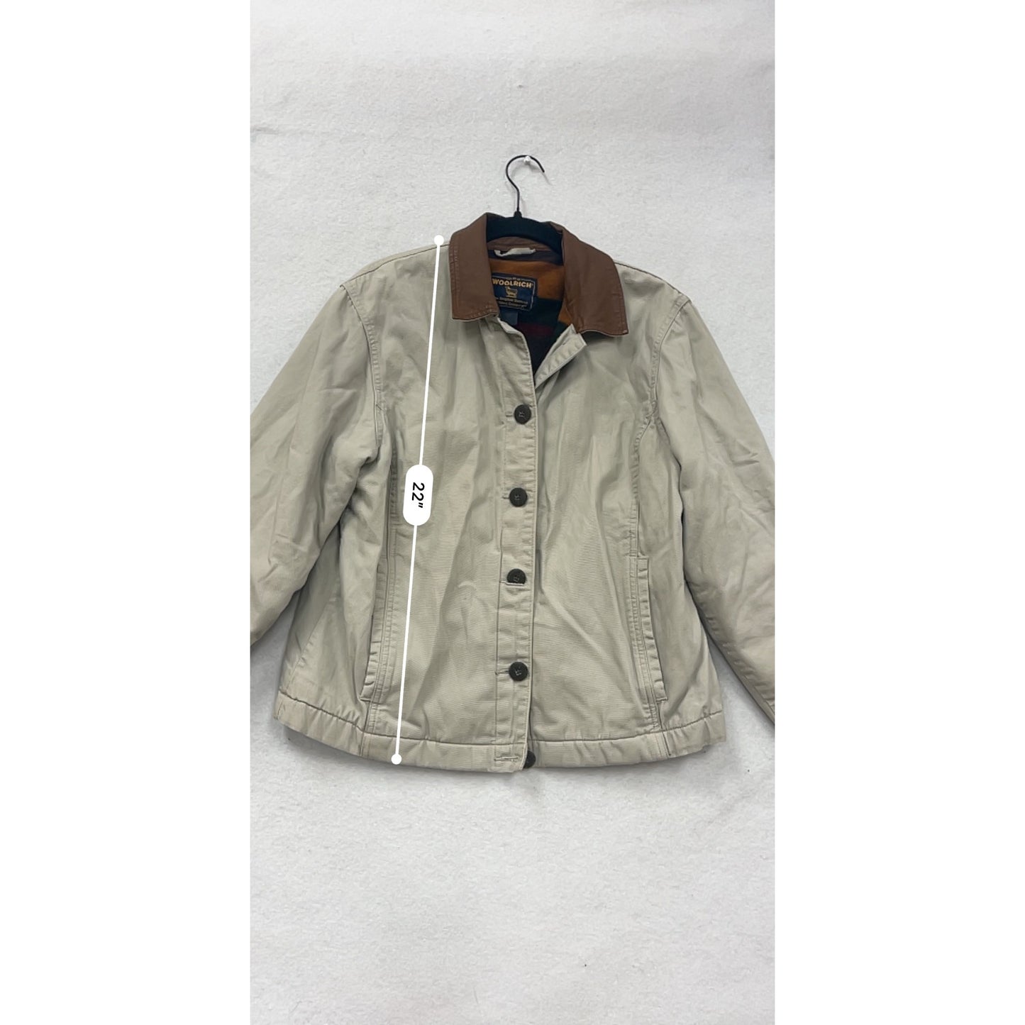 Womens Woolrich Beige Button-Front Jacket With Brown Collar & Striped Lining Size M 4A