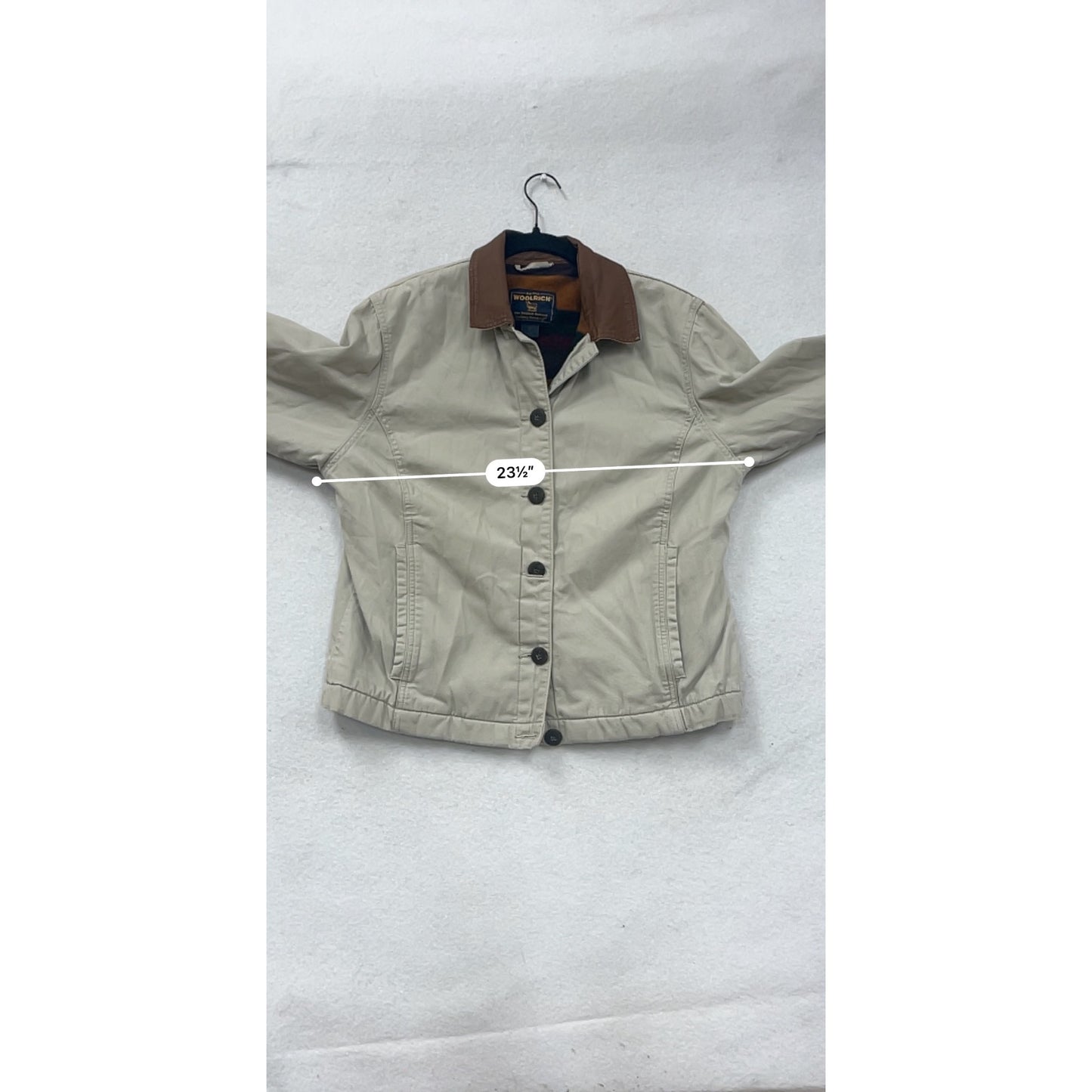 Womens Woolrich Beige Button-Front Jacket With Brown Collar & Striped Lining Size M 4A