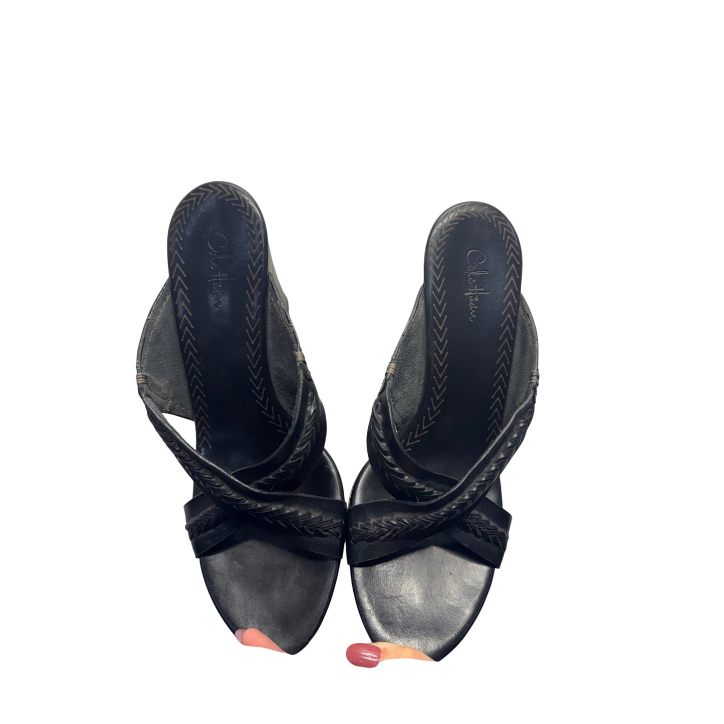 Cole Haan Black Leather Braided Strap Heeled Sandals #9018