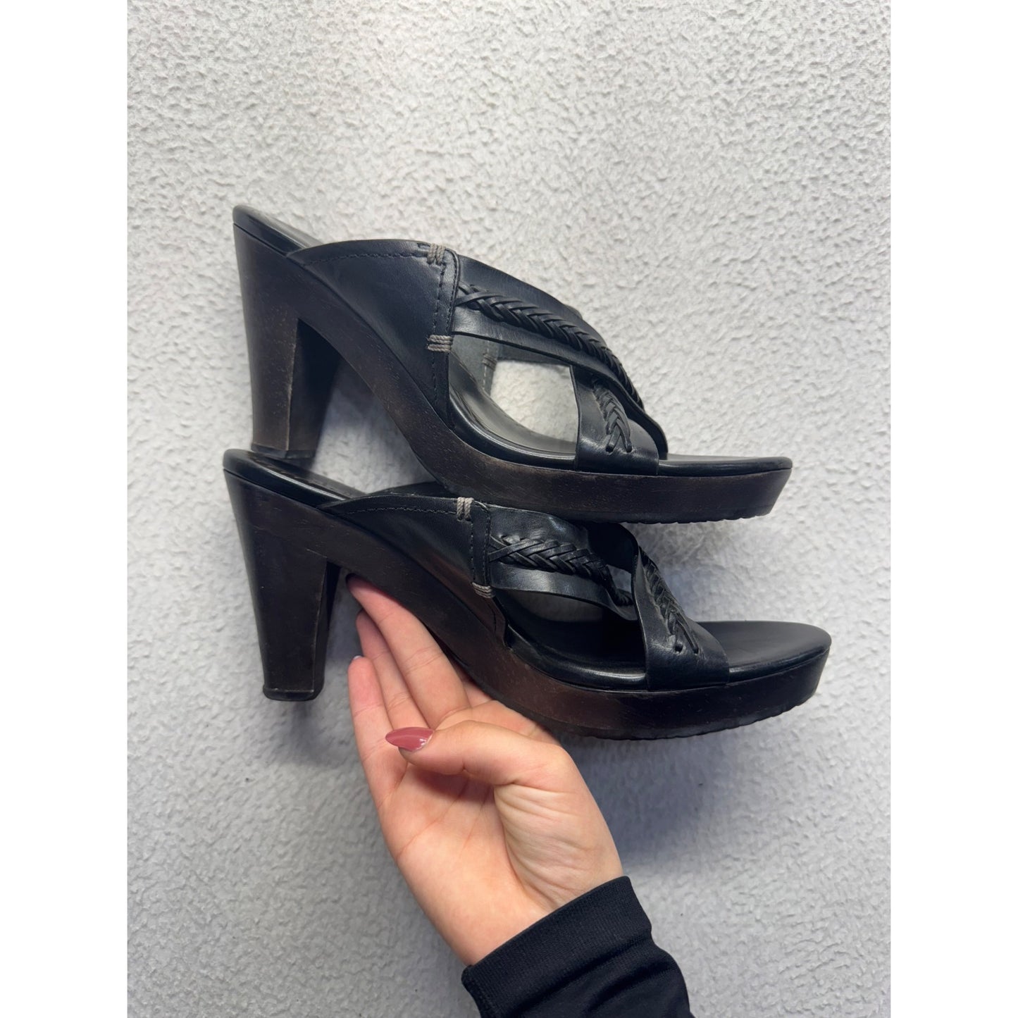 Cole Haan Black Leather Braided Strap Heeled Sandals #9018