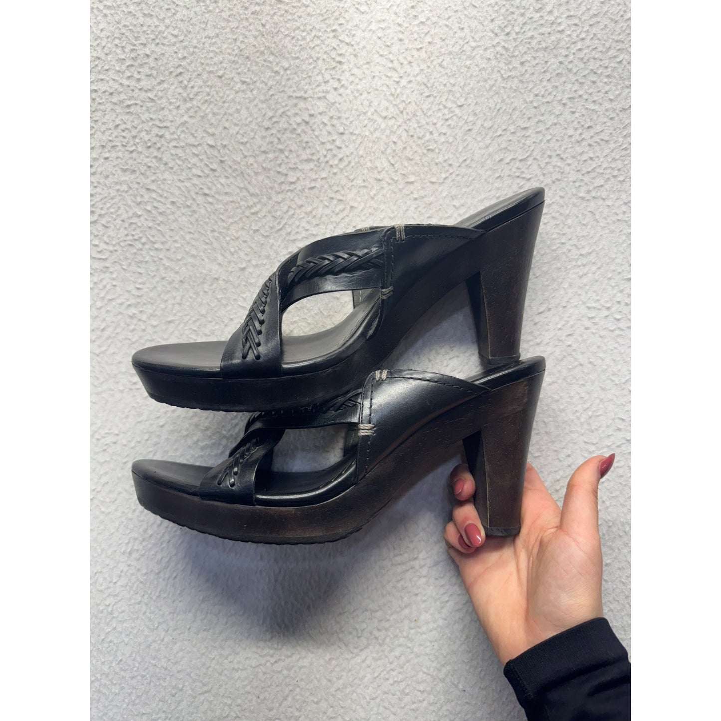 Cole Haan Black Leather Braided Strap Heeled Sandals #9018
