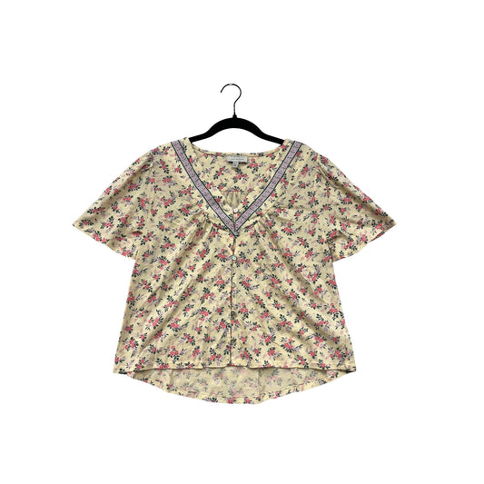 Lucky Brand Womens XS Floral V-Neck Button Front Short Sleeve Top Beige Pink #6880