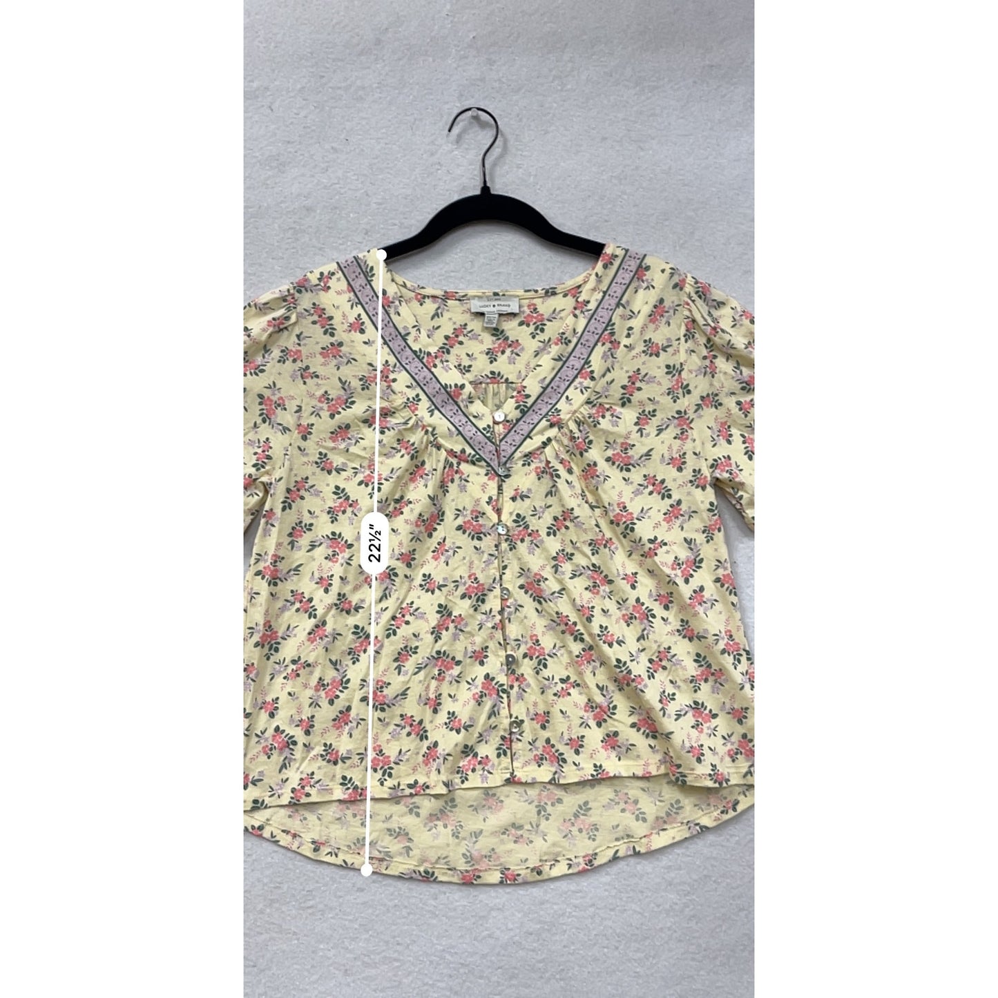 Lucky Brand Womens XS Floral V-Neck Button Front Short Sleeve Top Beige Pink #6880