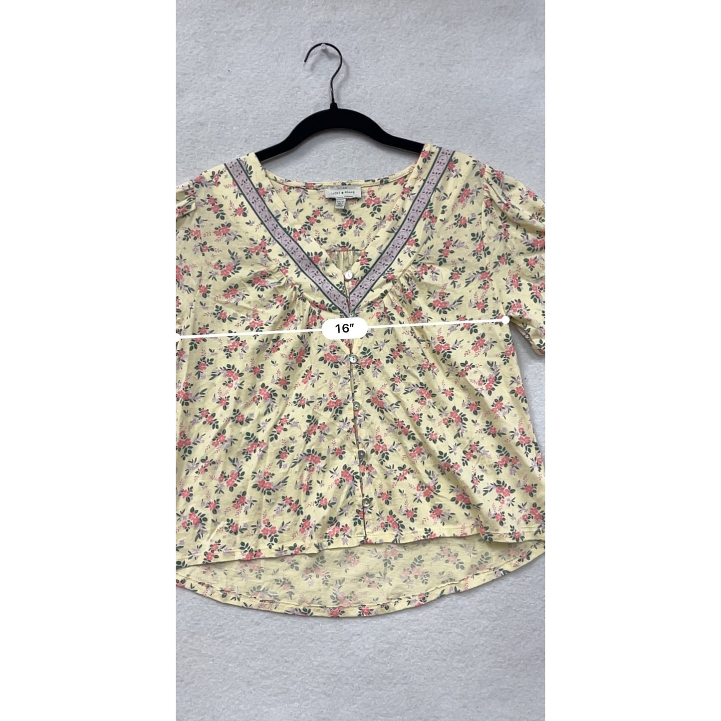 Lucky Brand Womens XS Floral V-Neck Button Front Short Sleeve Top Beige Pink #6880