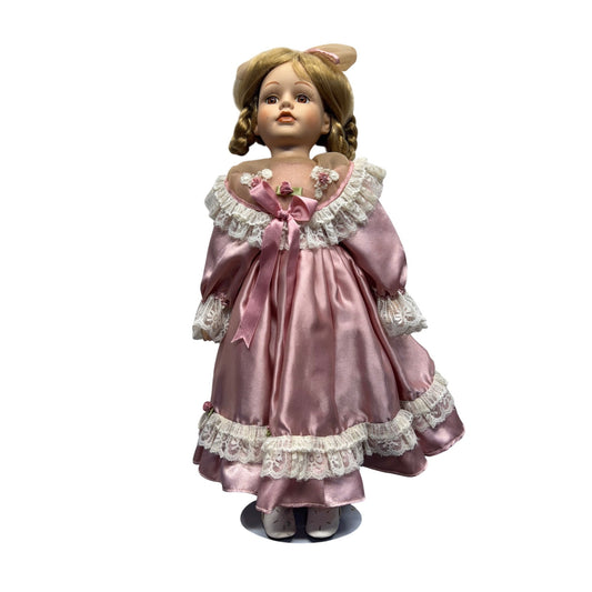 Vintage Porcelain Doll With Blonde Braids & Pink Satin Lace Dress On Stand #427B