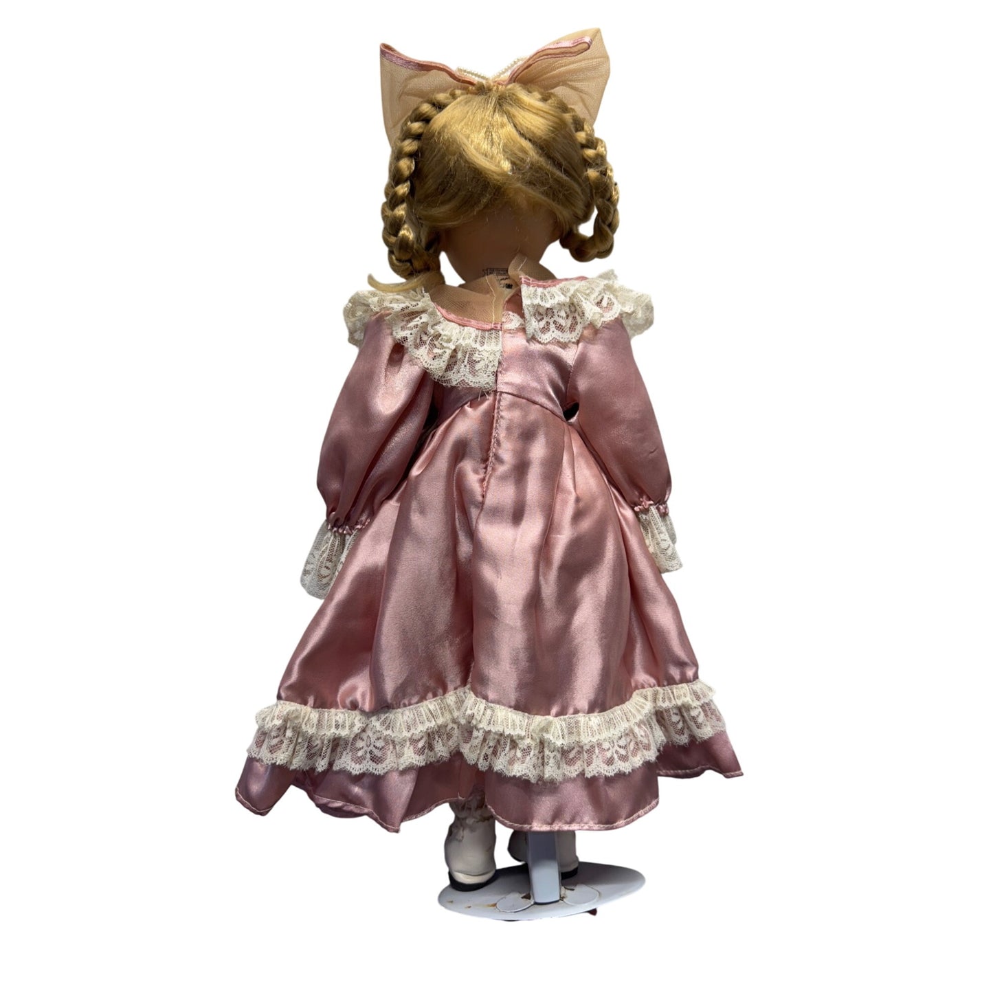 Vintage Porcelain Doll With Blonde Braids & Pink Satin Lace Dress On Stand #427B