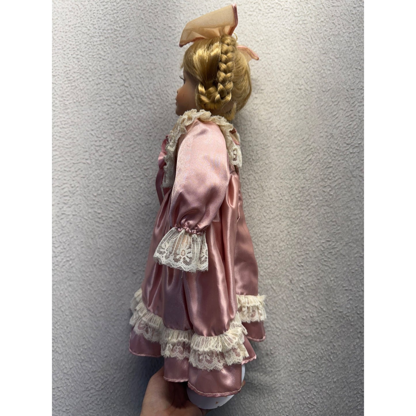 Vintage Porcelain Doll With Blonde Braids & Pink Satin Lace Dress On Stand #427B