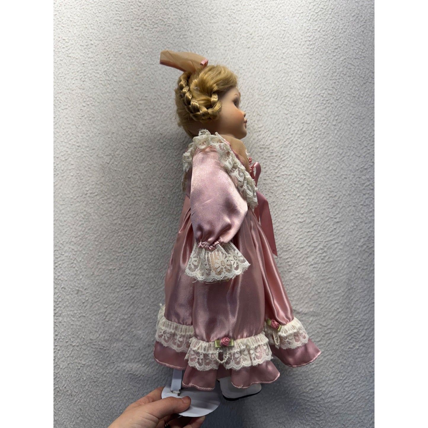 Vintage Porcelain Doll With Blonde Braids & Pink Satin Lace Dress On Stand #427B