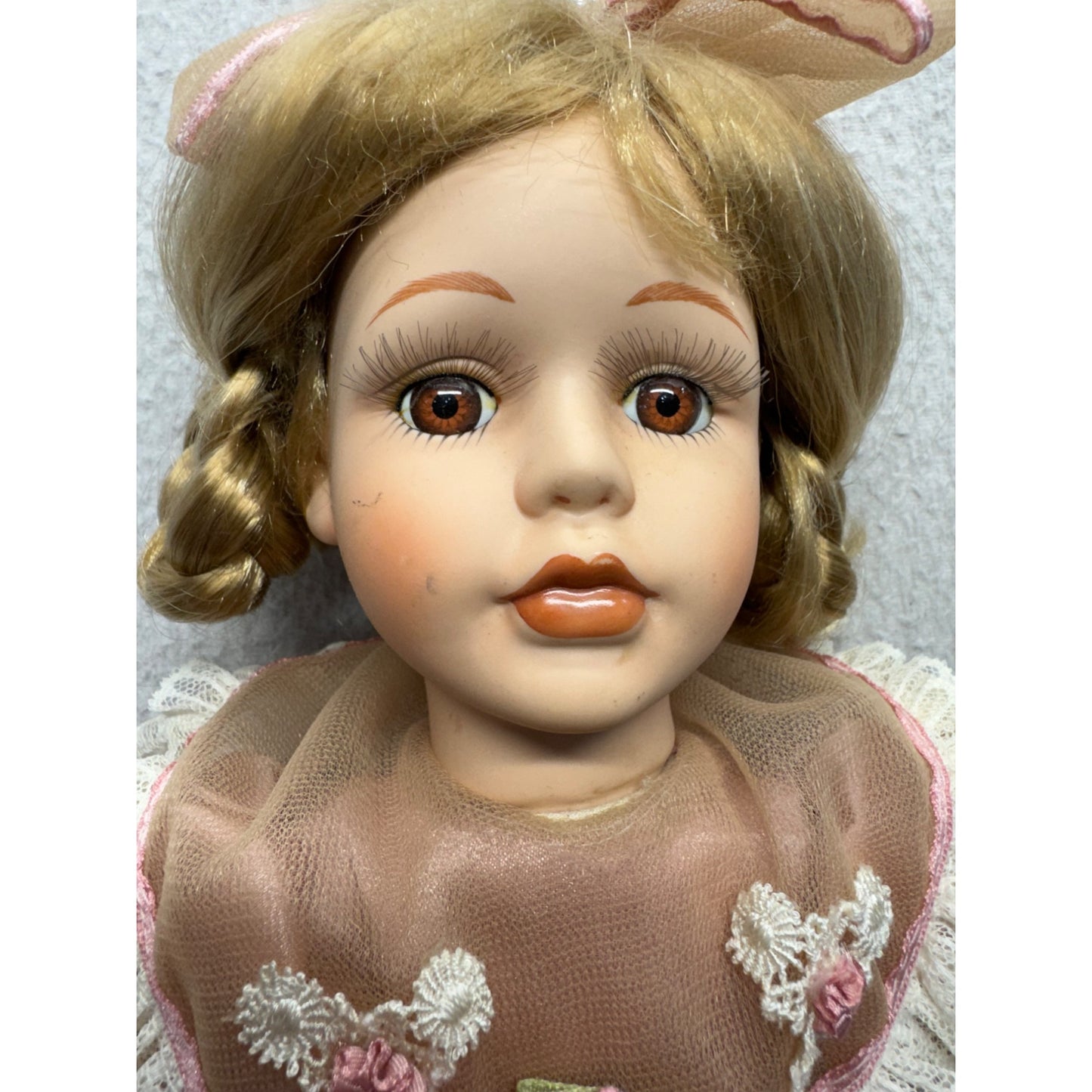 Vintage Porcelain Doll With Blonde Braids & Pink Satin Lace Dress On Stand #427B